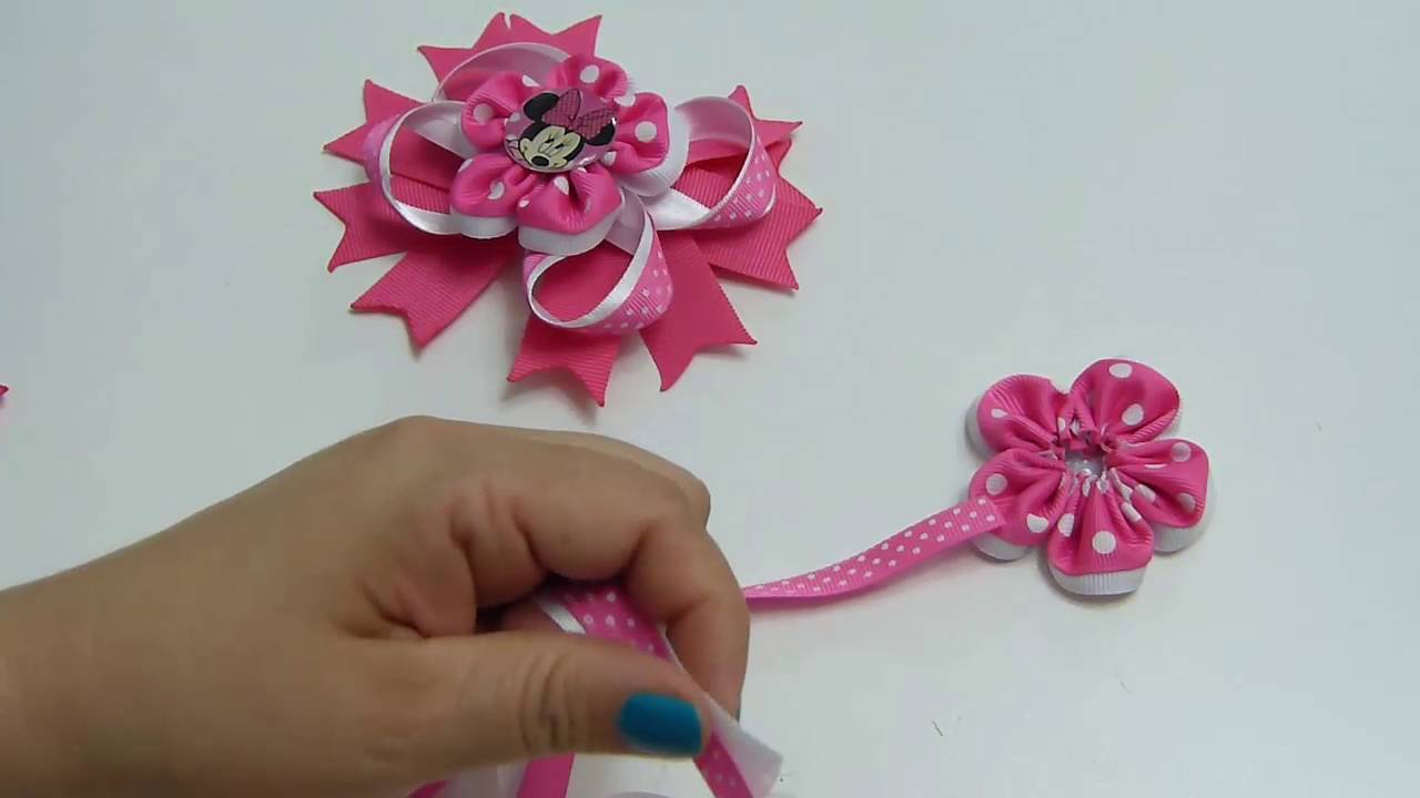 Flores doble listón Más facilitas para centro lazos, Diy #533,How To Make A Hair Bow