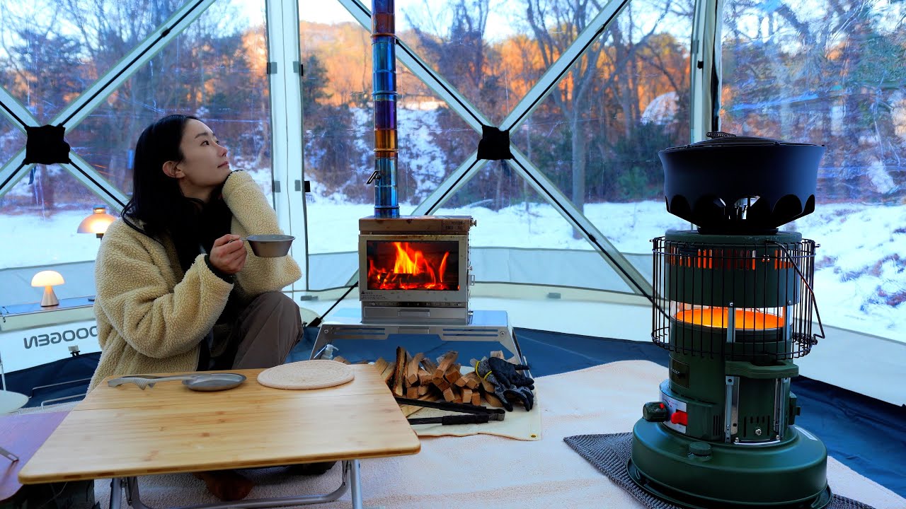 Одиночный кемпинг в прозрачной палатке при -17°C | Мой личный кинотеатр и вкусная еда