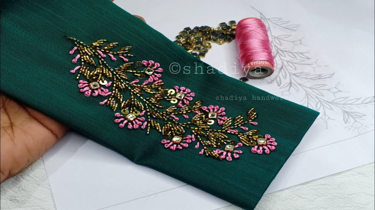 Silk thread long french knot sleeve embroidery design for blouse kurti