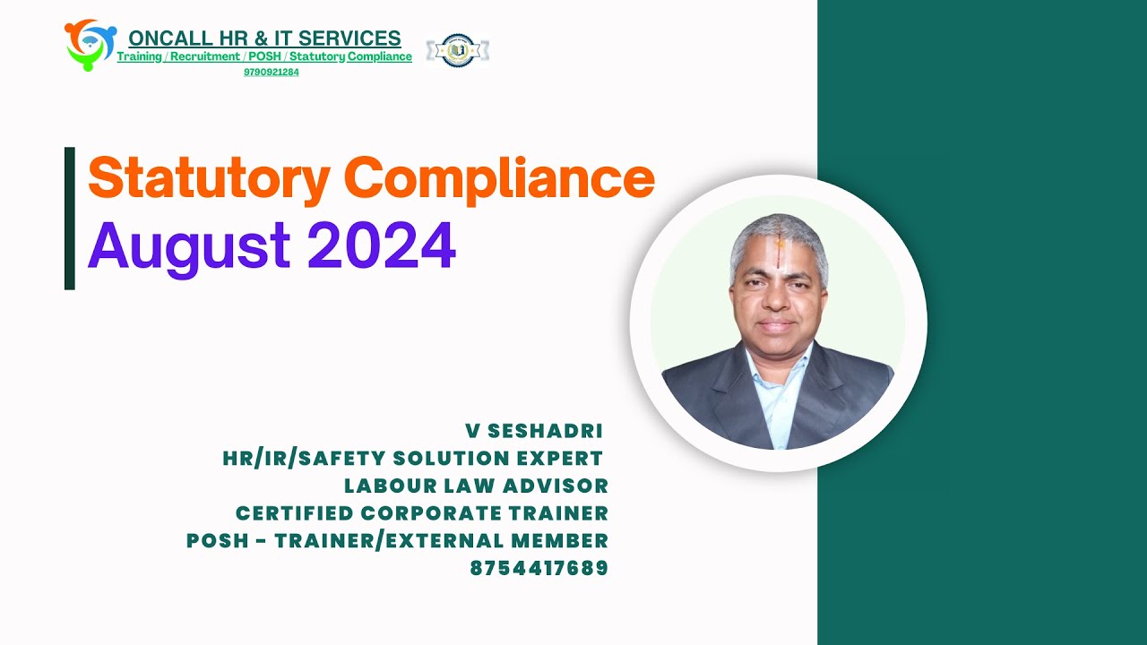 August 2024 Statutory Compliance - English #seshadri #oncallhr #labourlaw #labourcodes, #statutory