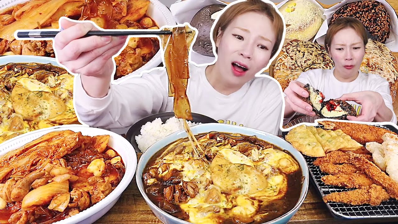 치즈 듬뿍 올라간 두찜 치즈 찜닭과 묵은지 찜닭+각종 튀김! 후식으로는 크림 듬뿍 도넛과 빵🍞231206/Mukbang, eating show