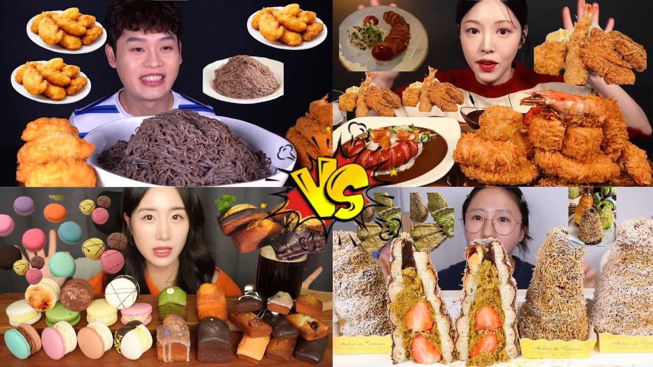 CRISPY SEAFOOD & NOODLES VS SWEET MACARONS & STRAWBERRY CAKE MUKBANG 🔥 Big Bites ASMR