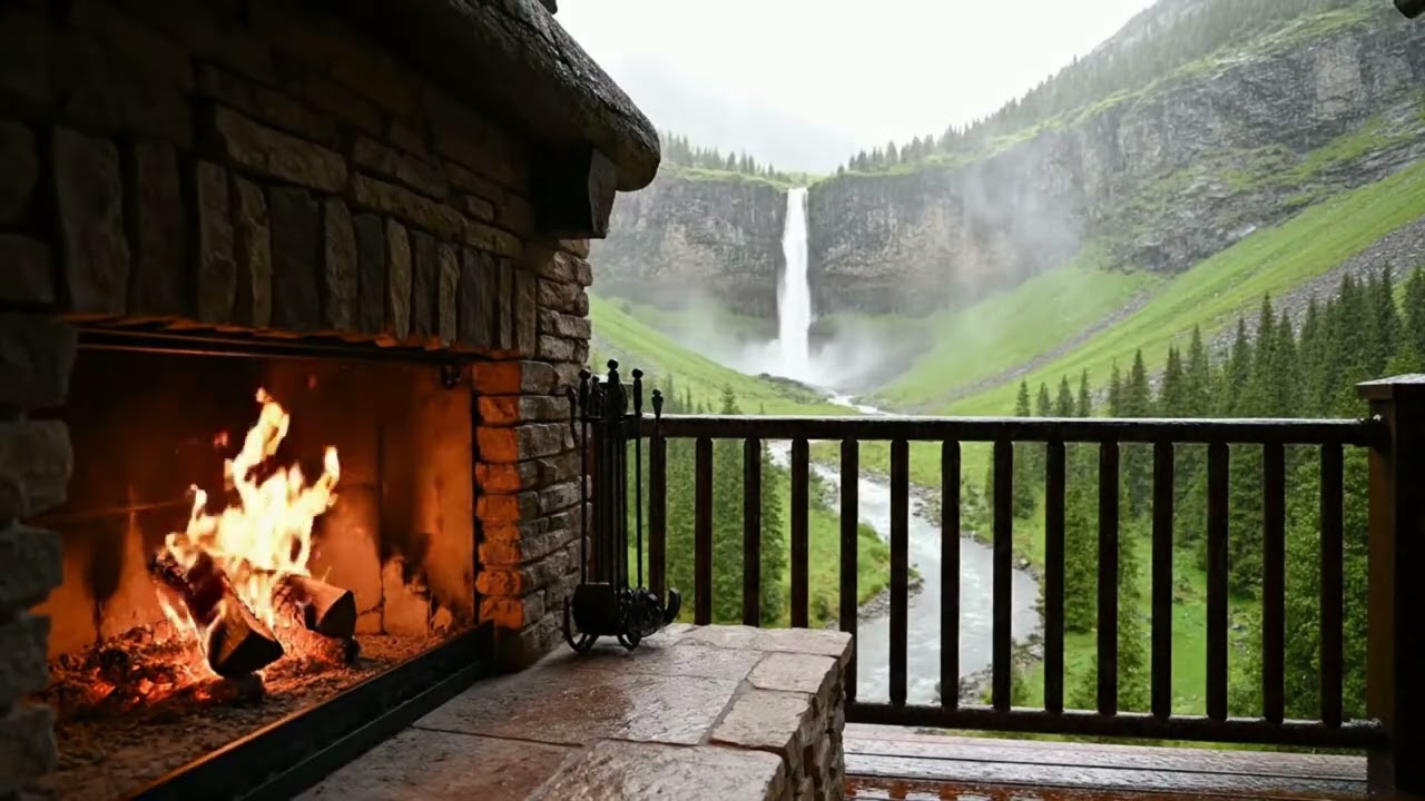 Cozy Cabin Fireplace and Distant Mountain Waterfall Ambience with Gentle Rain for Deep Sleep #asmr