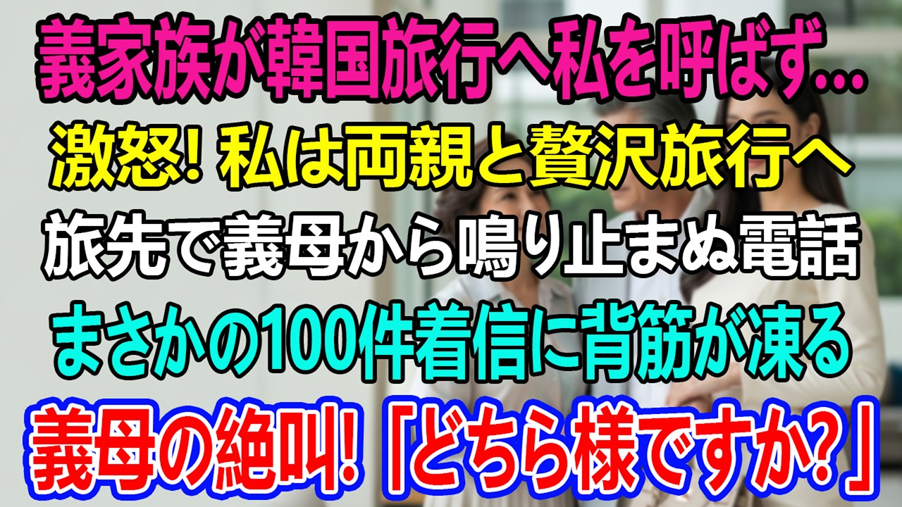 義家族が韓国旅行に行ったのに、私は知らされなかった。そこで私は両親を連れて旅行へ。支払いの時、義母から100件もの着信。私は冷たく笑い、こう言った――『どちら様ですか？