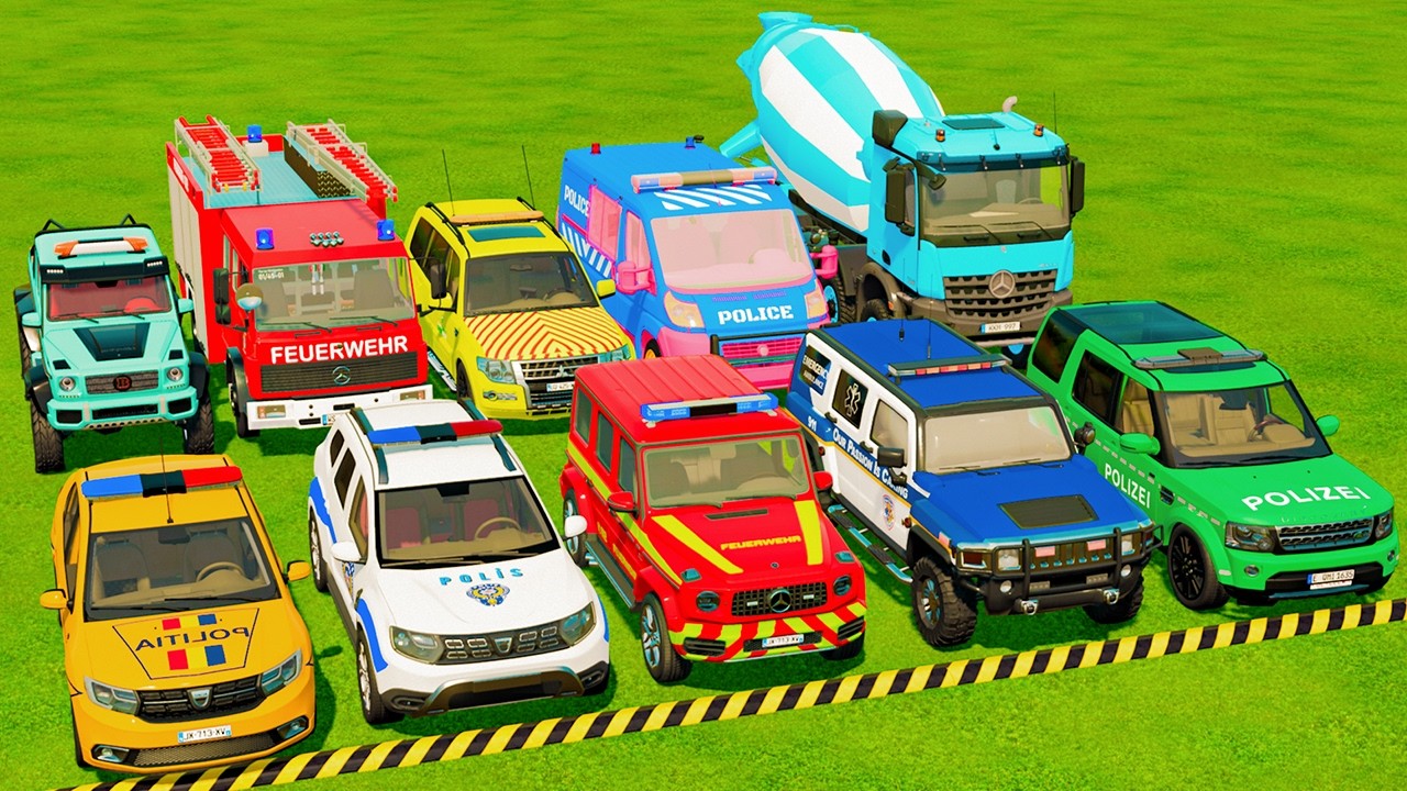 TRANSPORTING POLICE CARS, AMBULANCE, FIRE TRUCK, COLORFUL CARS WITH TRUCK -FARMING SIMULATOR 22!