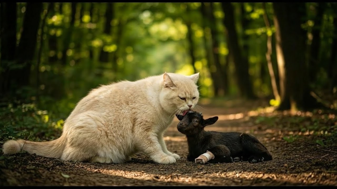 White Cat Mama Saves Injured Black Goat in the Forest | Cute Cat Life Rescue