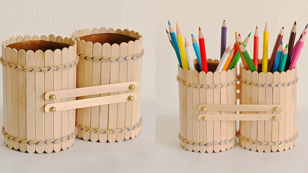 DIY Popsicle Stick Craft I Pencil Box with Cardboard Roll and Popsicle Sticks