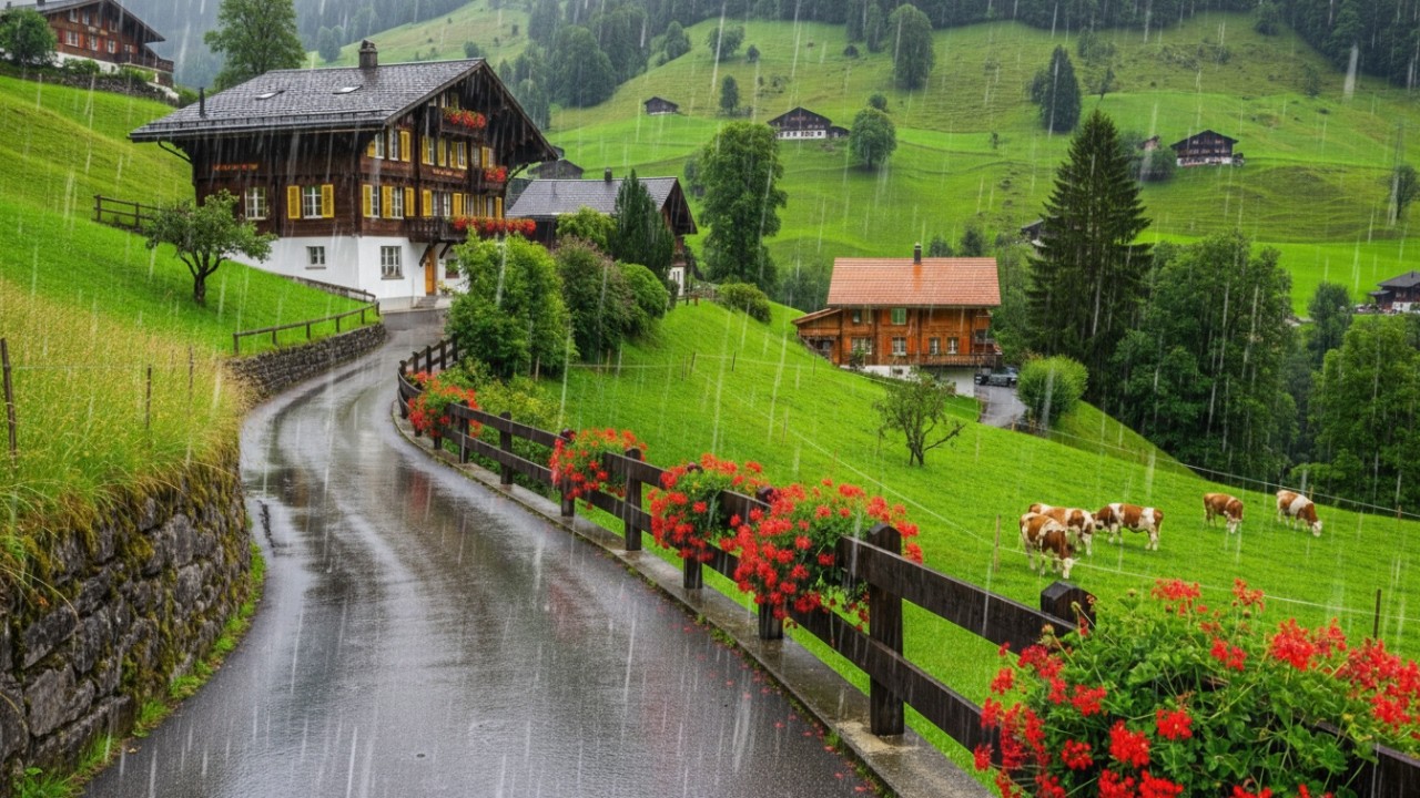Walking in the Rain in a Swiss Mountain Village 4K 🌧️ Real Ambient Sounds