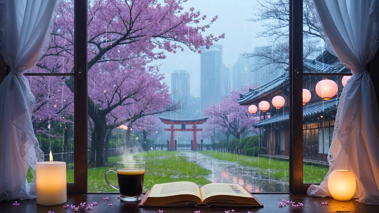Cozy Rainy Day ☕🌸 Relaxing Rain Sounds & Falling Cherry Blossoms | Coffee & Focus Ambience