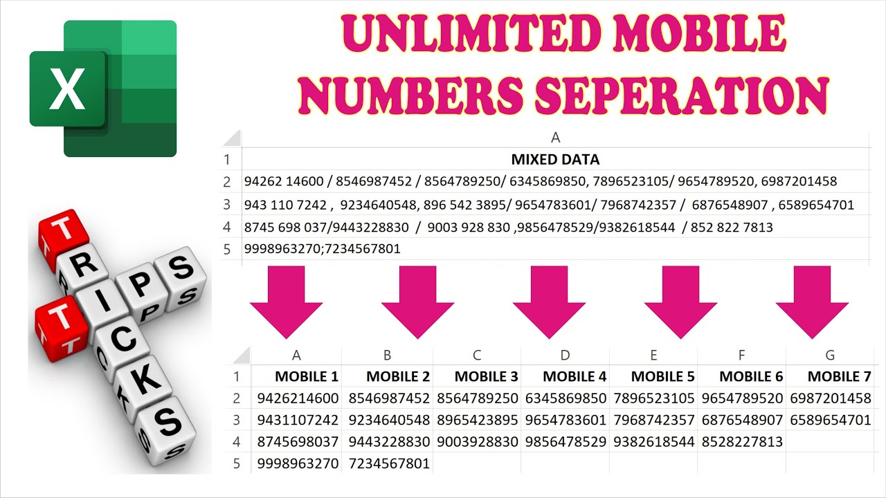 How to Separate Unlimited Mobile Numbers Data from single cell in Microsoft Excel | Data Cleaning