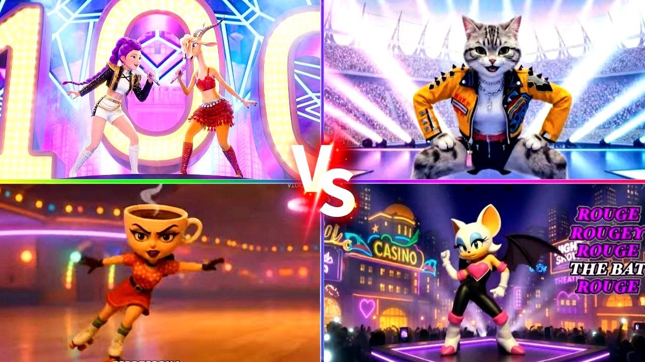 Epic AI Showdown: Rockstar Cat vs Neon Pop Stars, Espresso Skater and Rouge Bat in Arena Battle