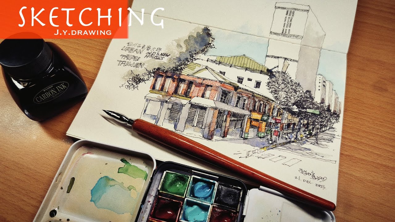 Drawing Street Buildings With A Dip Pen And Watercolor In My Sketchbook