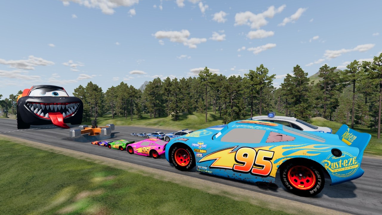 Big & Small McQueen & Police Car vs Zombie McQueen & Big Tires & Water Crash Spinner-Downhill Race