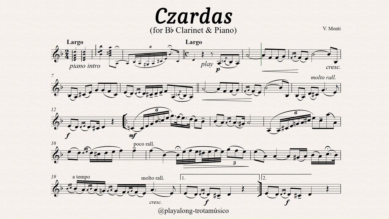 Clarinet Playalong - Czardas (Monti) Bb Clarinet sheet music with Piano accompaniment Slower version
