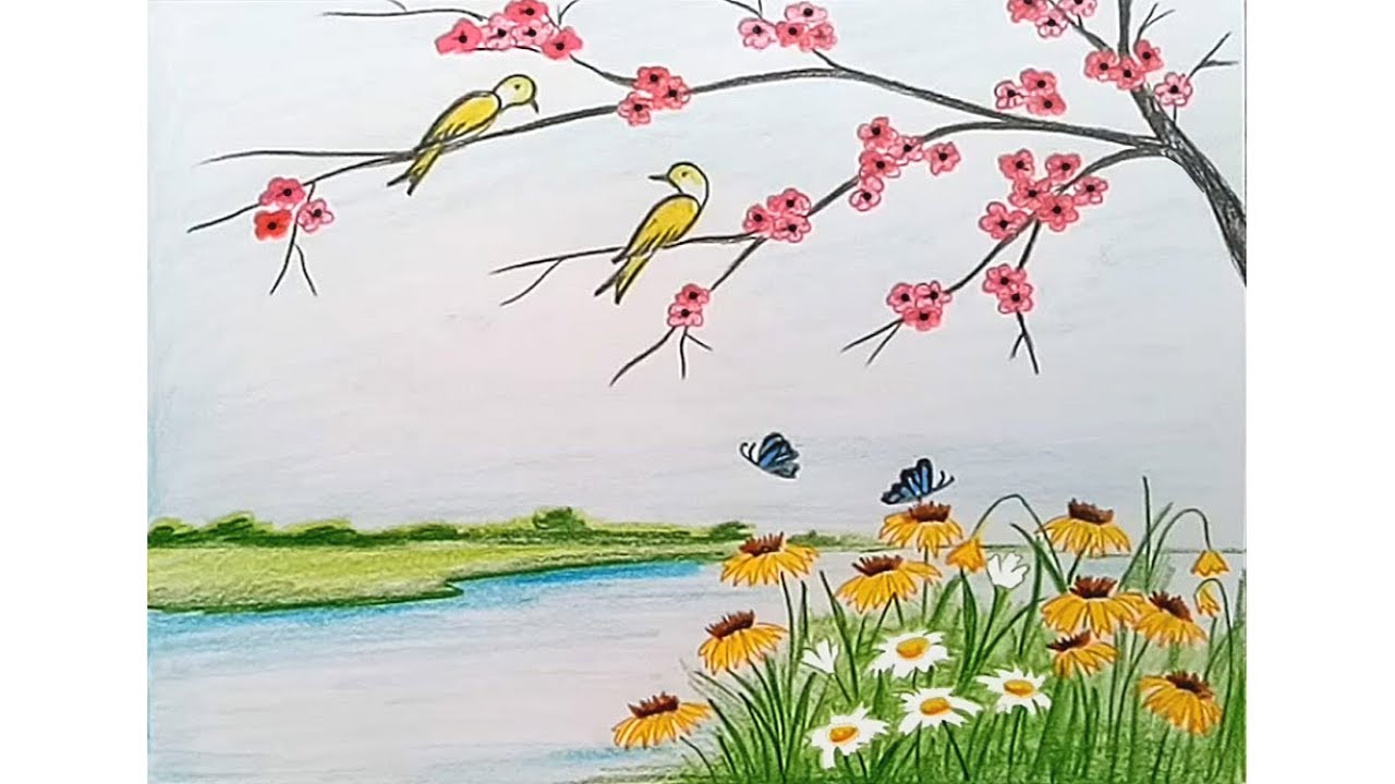 How to draw scenery of spring season step by step