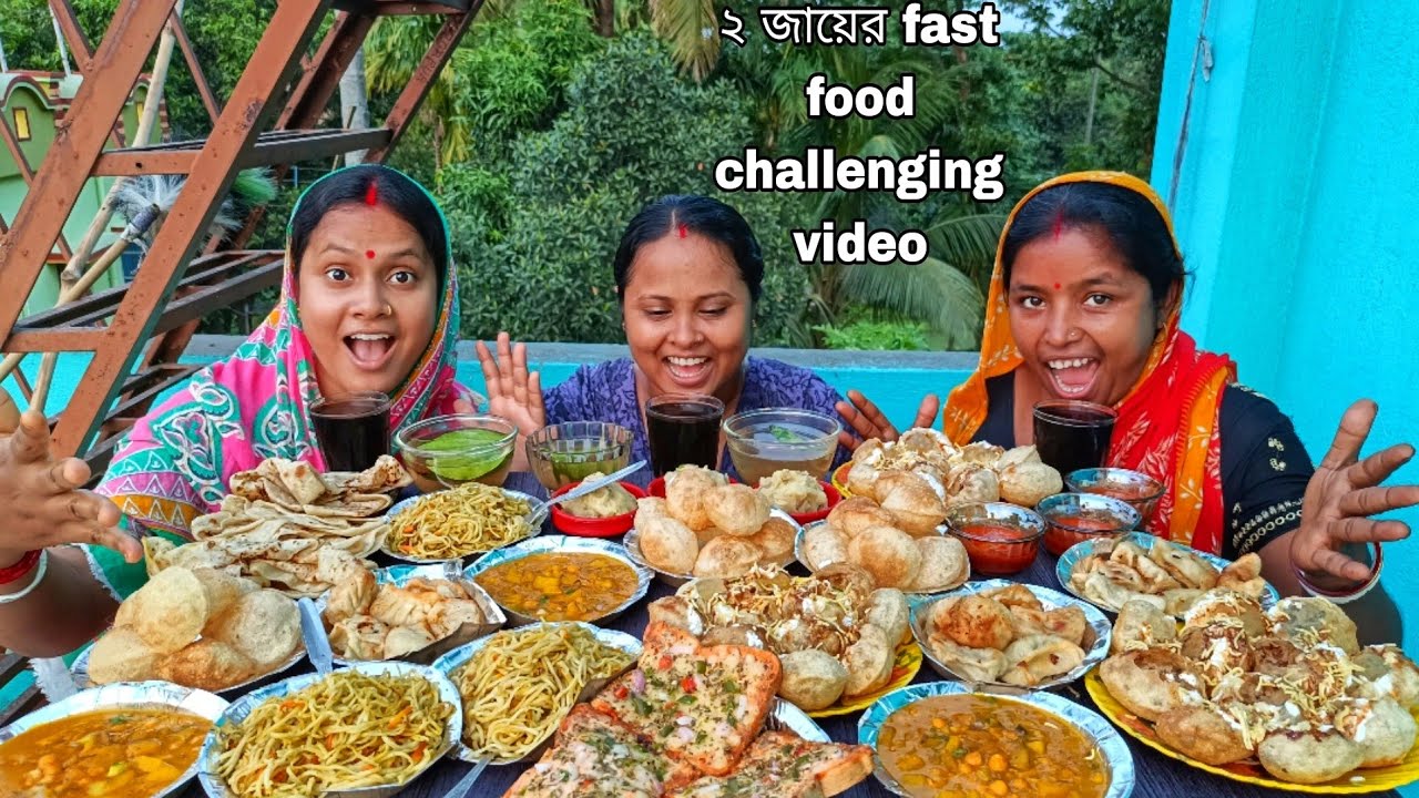 fast food challenging video||veg chowmein bread pizza doi chatni puchka fry momo parota..punishment🤮