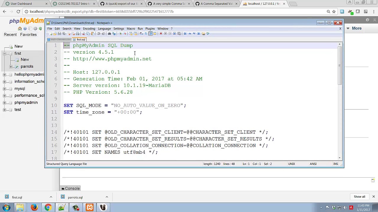 MariaDB/MySQL Exporting the database, Import SQL, and Import CSV