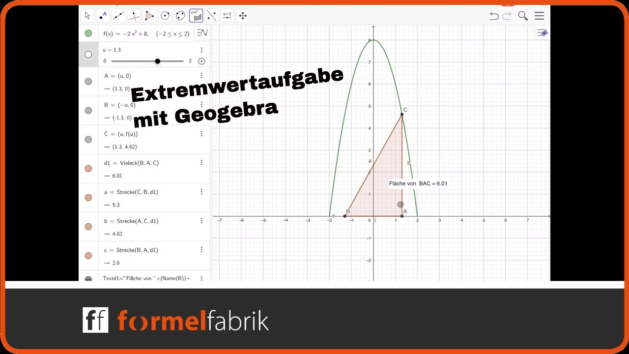 Extremwertaufgabe mit Geogebra – Dreieck unter Parabel maximieren
