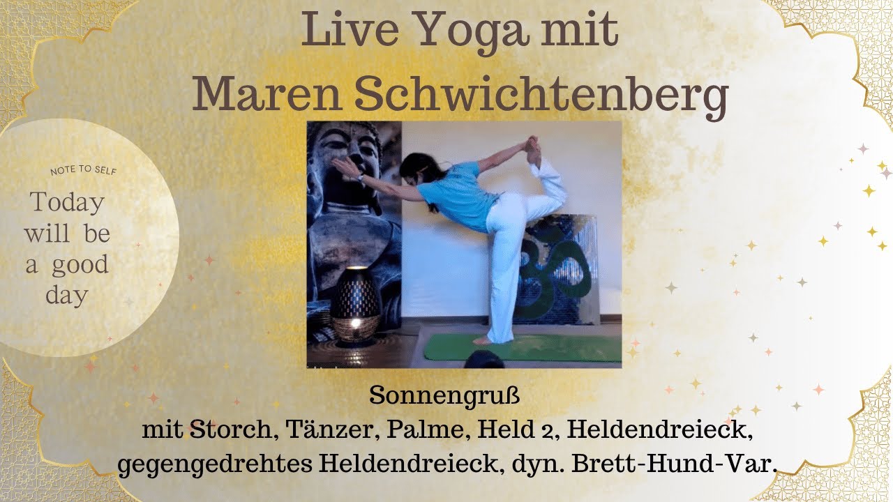 Sonnengruß mit Storch, Tänzer, Palme, Held 2, Heldendreieck, gegengedr. Dreieck, dyn. Brett-Hund-Var