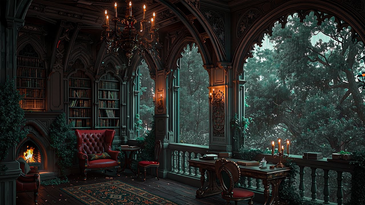 Gothic Reading Room in the Rain | Cozy Dark Academia Ambience for Deep Study and Read