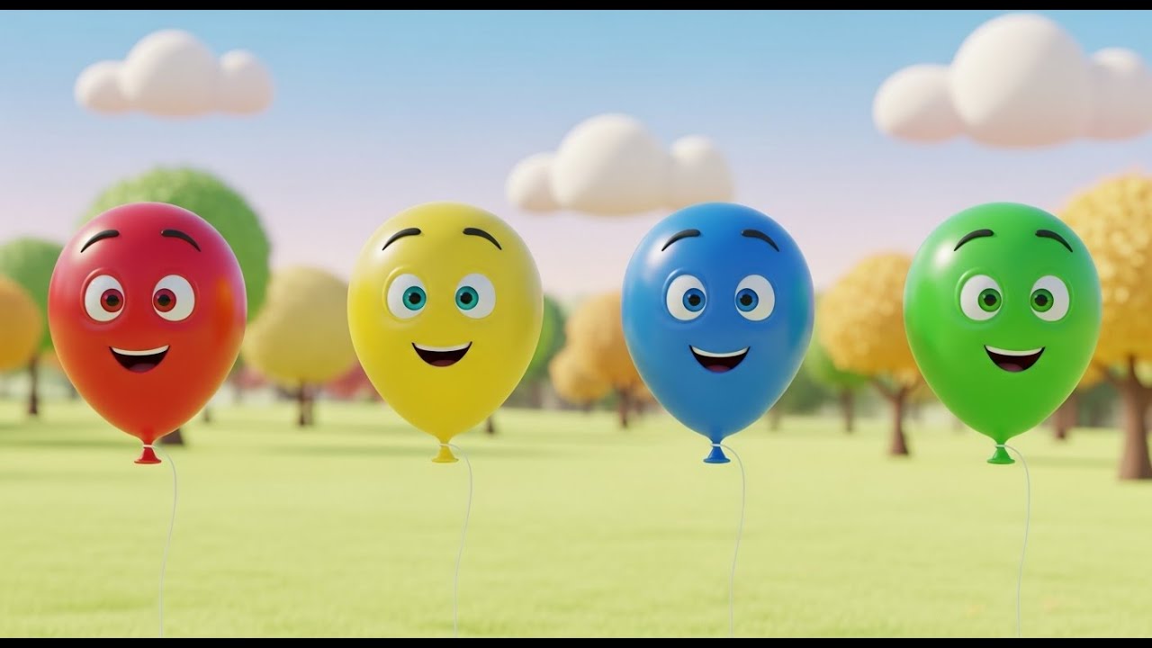 Quatro Pequenos Balões de Brinquedo Flutuando no Céu | Cores e Diversão para Crianças