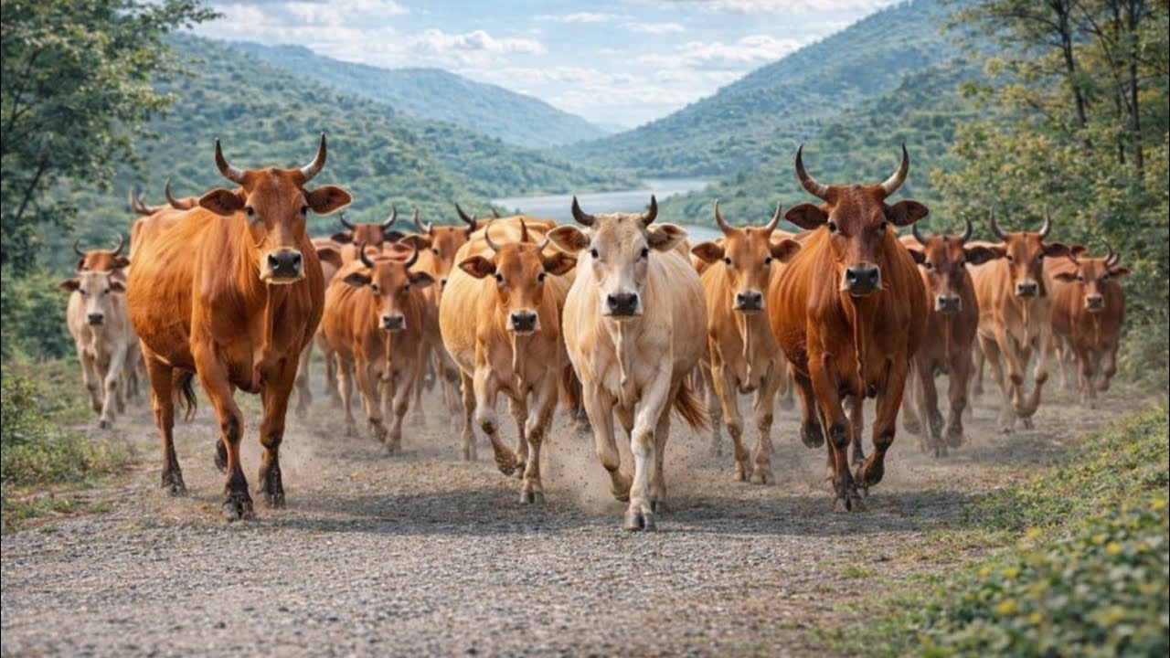“A herd of cows running toward green pastures, the sounds of gentle cattle.”