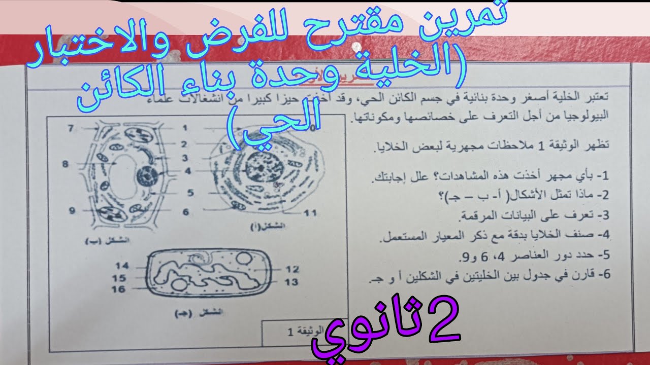 مقترح للفرض والاختبار الفصل الثاني في العلوم للسنة الثانية ثانوي (الخلية وحدة بناء الكائن الحي)