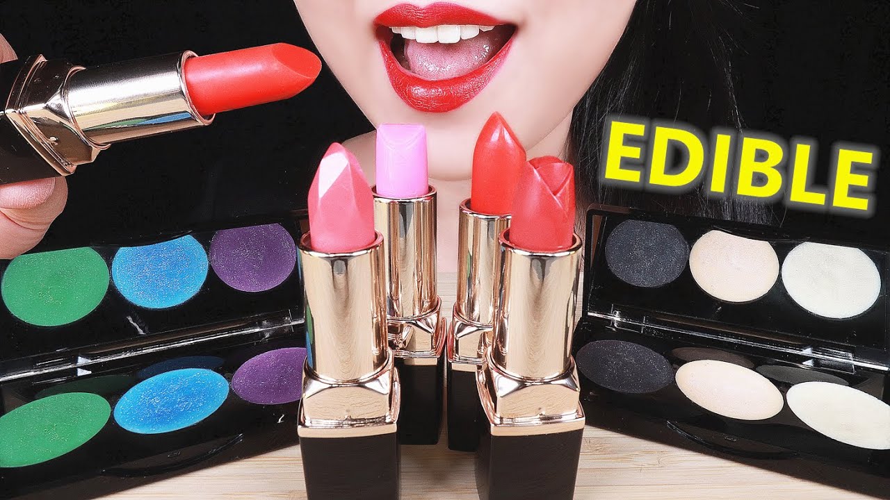 ASMR EDIBLE MAKEUP: LIPSTICKS + EYESHADOWS PRANK CHOCOLATE EATING SOUNDS  립스틱 초콜릿 먹방 チョコレートを食べる音 咀嚼音
