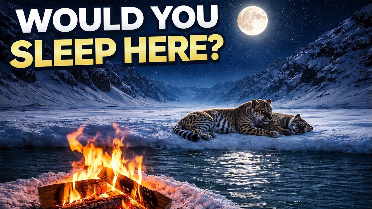 Winter night ambience | meditative | cosy | snowy winter river | relaxing asmr sleep | snow leopard