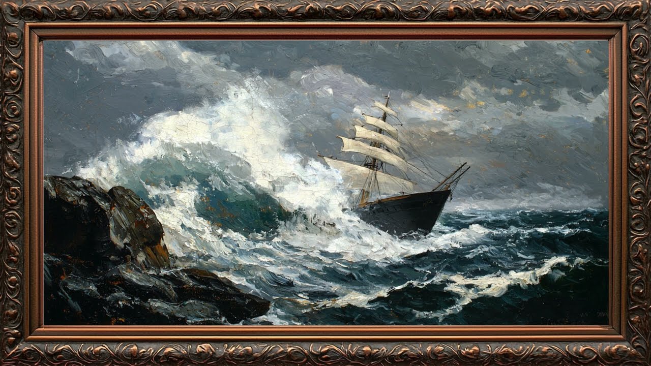 Frame Tv Art | SHIP IN A STORMY SEA Frame TV art 4k | Golden Framed Art