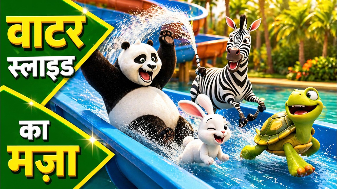 Water sliding ka Maza- Panda, Zebra, turtle and Bunny on water slide#kidsentertainment #kidsvideo