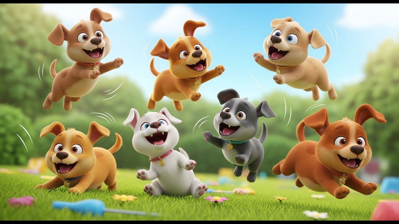 Cinco Cachorrinhos Latem, Latem, Latem | Música de Cães para Crianças e Rimas Infantis