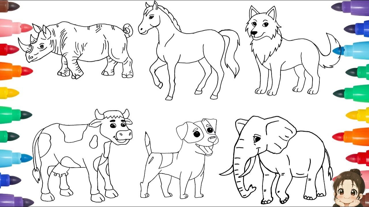 How to Draw Animals Easy For Kids | Rhino 🦏 Horse 🐎 Wolf 🐺 Cow 🐮 Dog 🐕 Elephant 🐘 Kids Art