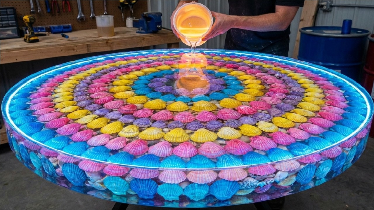 You've Never Seen An Epoxy Table Like This! Watch Our 80 Kg Of Epoxy Onto These Colorful Seashells