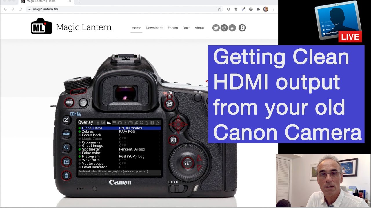 Чистый выход HDMI на старых цифровых зеркальных фотокамерах Canon Видеоруководство Magic Lantern,...