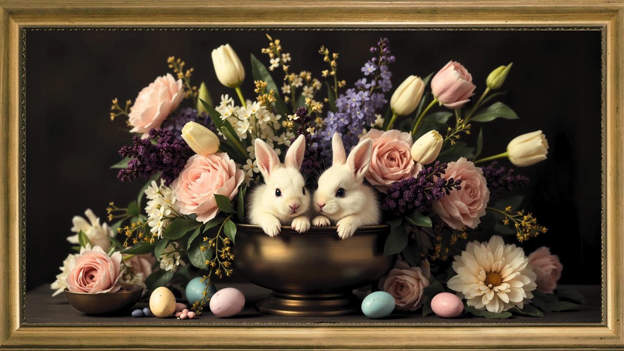 Easter Bunnies Embrace Spring: Stunning Floral Art Frame TV: Vintage Art TV
