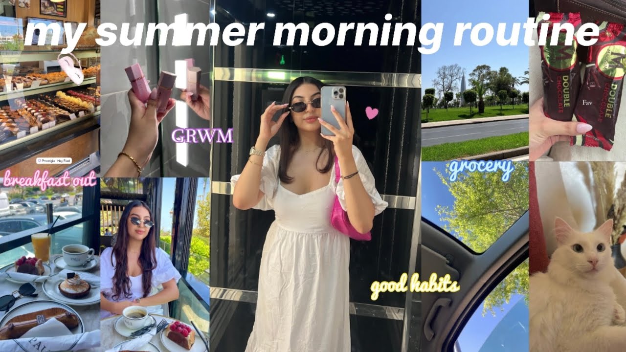 my SUMMER MORNING ROUTINE  ☀️🍉|روتيني الصباحي في الصيف🍰🌷(skincare🧖🏻‍♀️,grwm🎀,going out☕️🫖,grocery🥐..