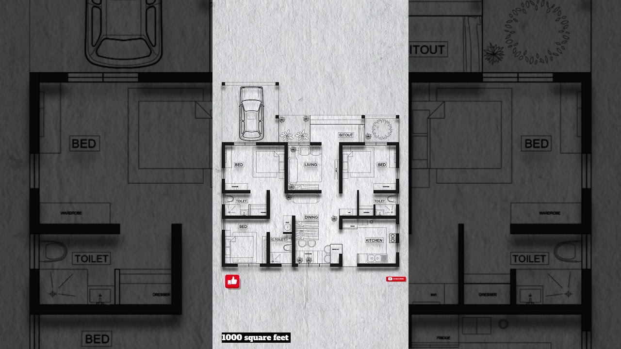 Houseplan 1000 square feet vaasthu 3bhk 