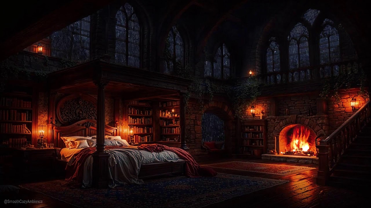 Nighttime Warm Cozy Castle Room - Rain, Thunderstrom & Fireplace Sounds