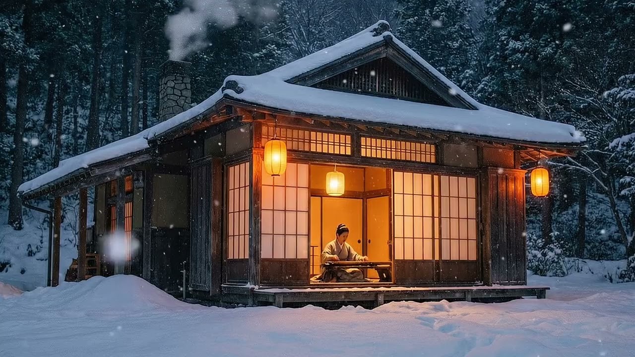 4K Deep Sleep Guzheng Solo. Relaxing Zither Music in Snowy Mountain Cabin | Inner Cosmos Healing