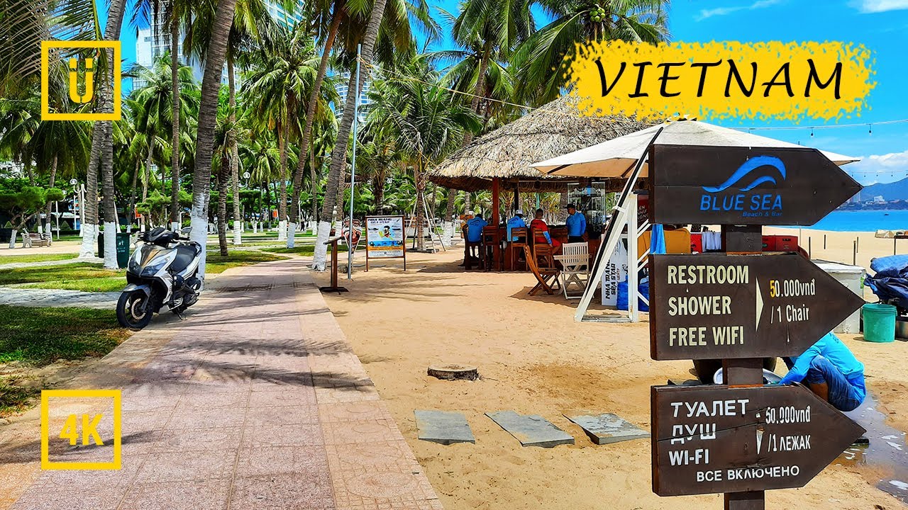 Nha Trang Beach Walk, Vietnam. 1 hour complete overview. [4K]. 2020. Пляж в г. Нячанг.