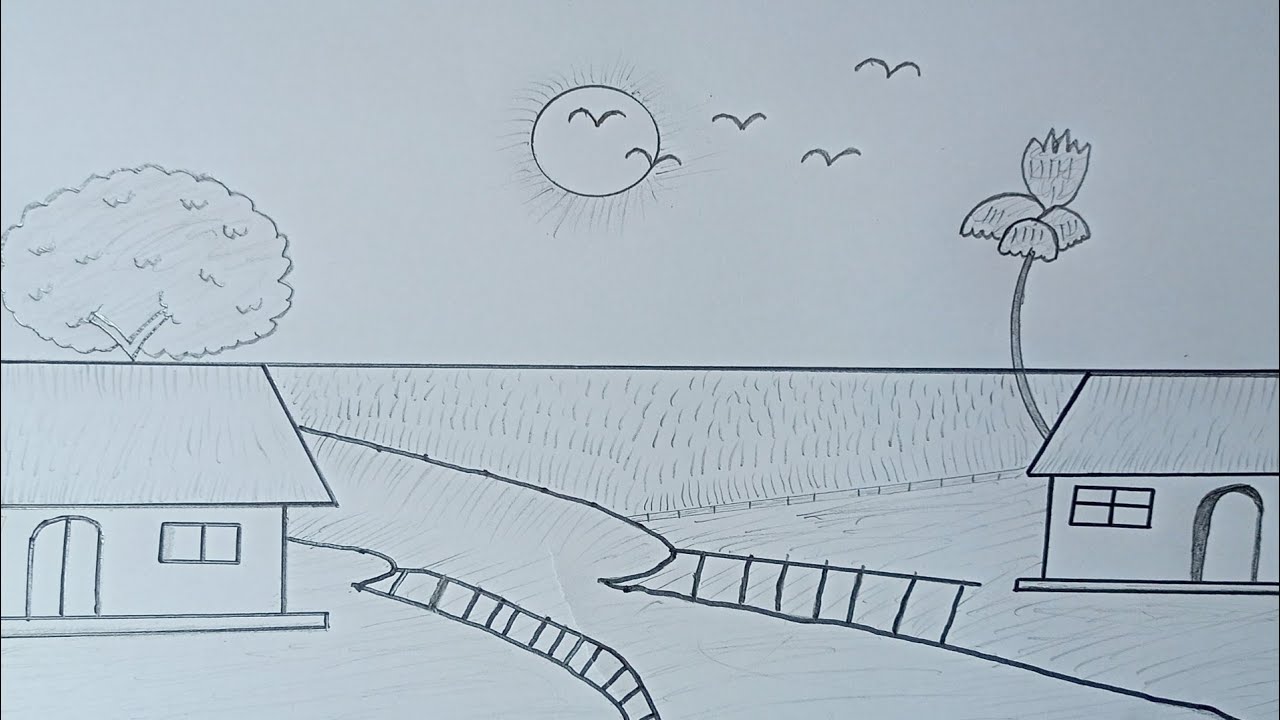 Easy Village Scenery Drawing with Pencil | Simple Landscape Drawing for Beginners Step by Step
