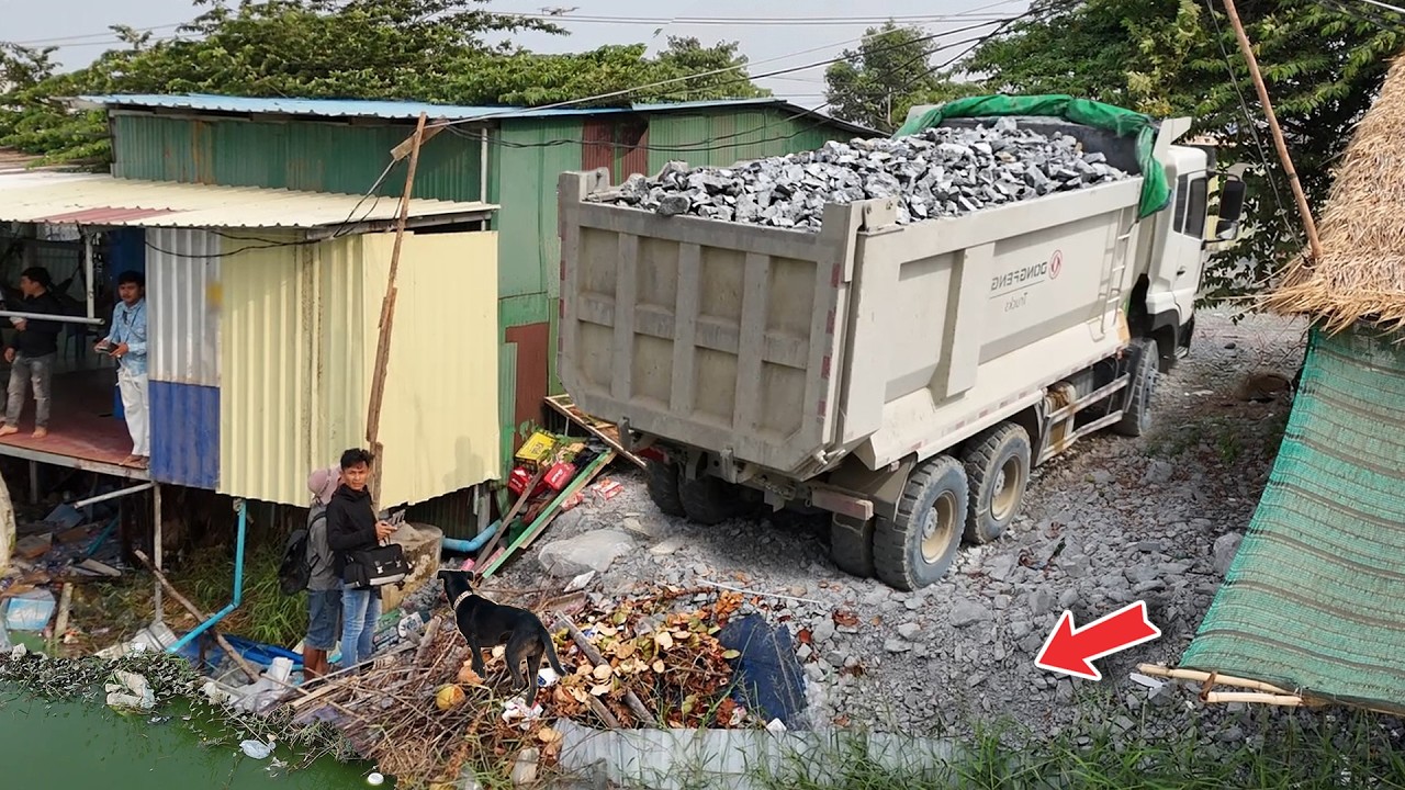 Impressive Talent JOB, 10-wheel trucks dumping rocks & push fill flooded region by dozer DH-17C3-PRO