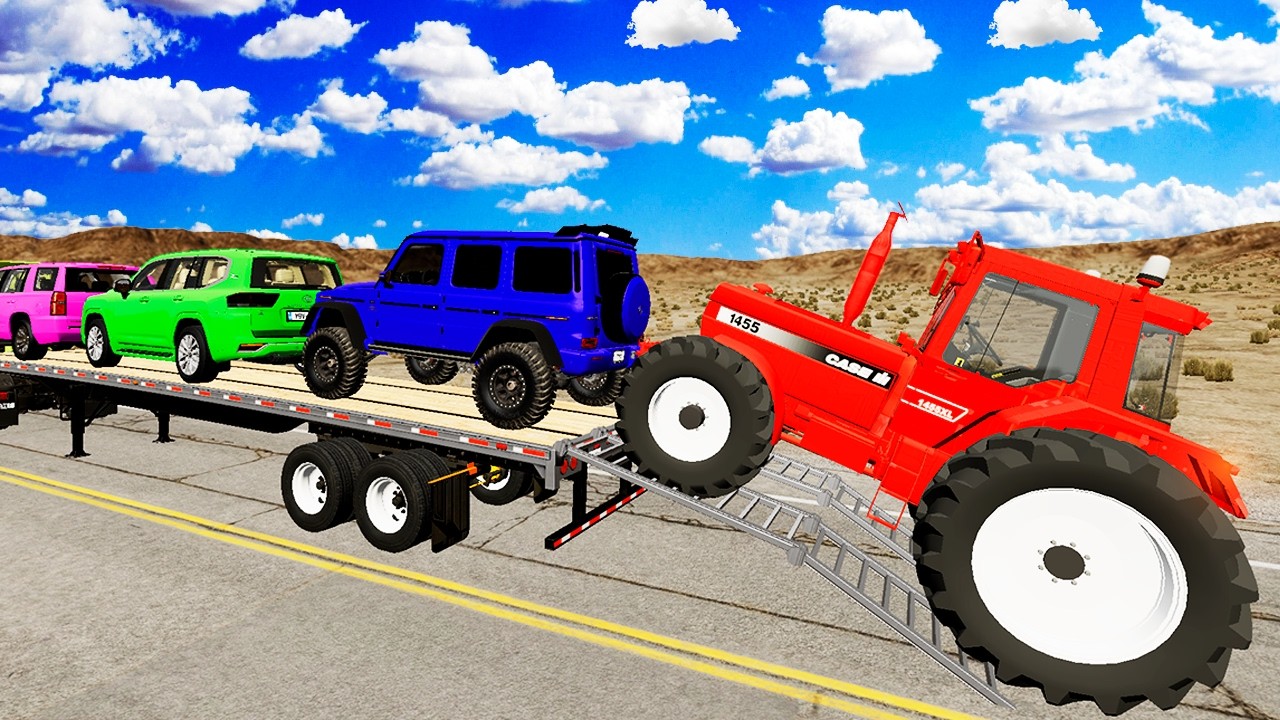 TRANSPORTING PIXAR CARS & FRUITS WITH COLORED & JOHN DEERE vs CLAAS vs TRACTORS - BeamNG.drive #983