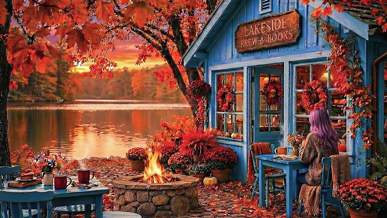 Cozy Autumn Fireside Jazz ☕ Lakeside Cabin Ambience for Studying & Sleeping Cafe Jazz #cafejazz