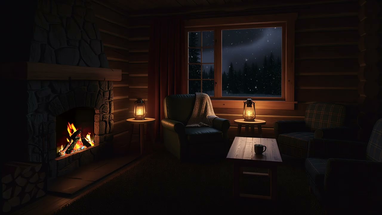 Cozy Cabin in a Snowy Forest at Night — Soft Fireplace Glow and Peaceful Winter Ambience