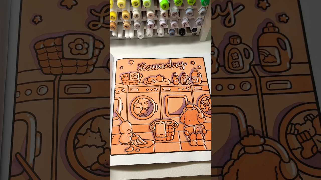 two color challenge 🤩 back vs front of &ldquo;Cozy Friends&rdquo; Coloring Book by Coco Wyo using Ohuhu Markers