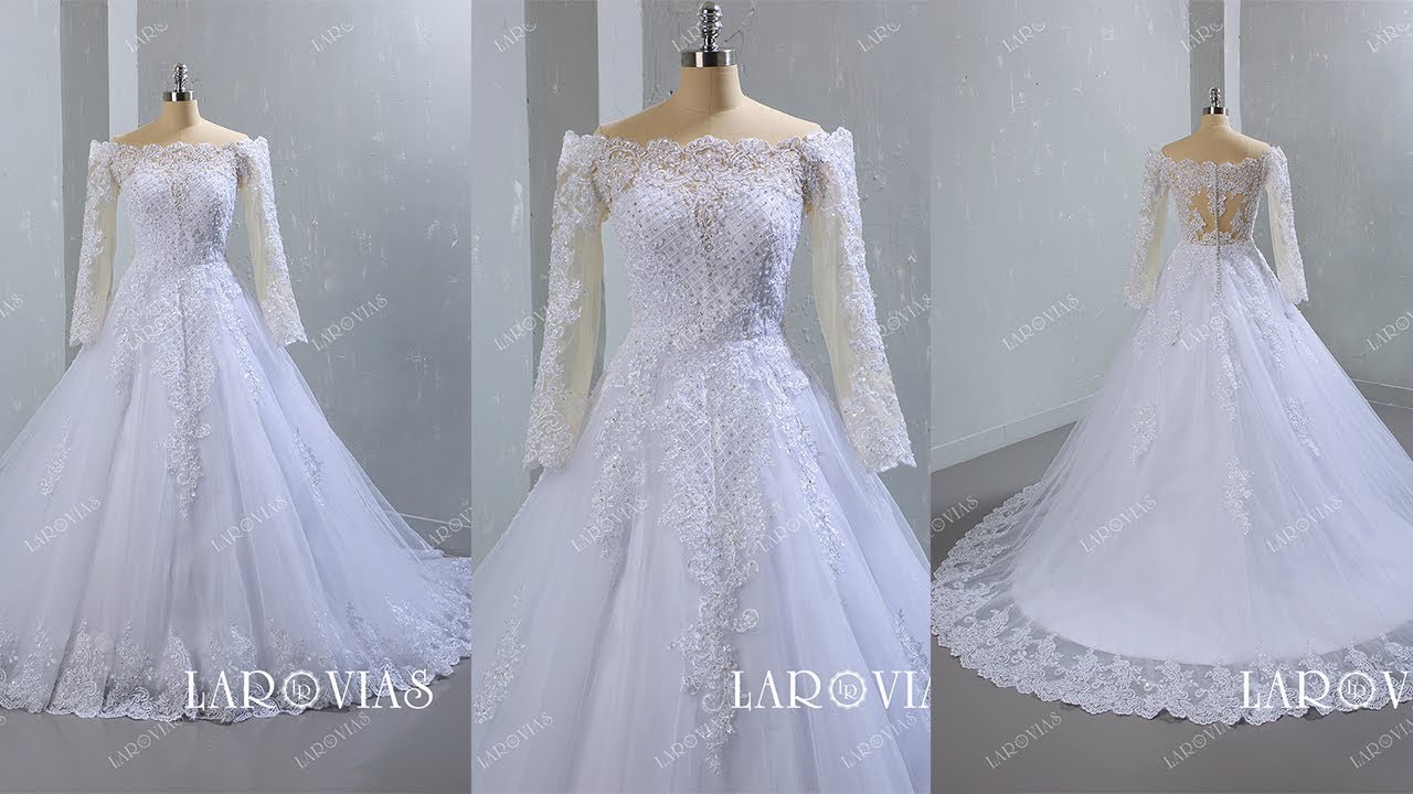Tulle and Lace Beaded Wedding Dress Bridal Gown with Long Sleeves LR071