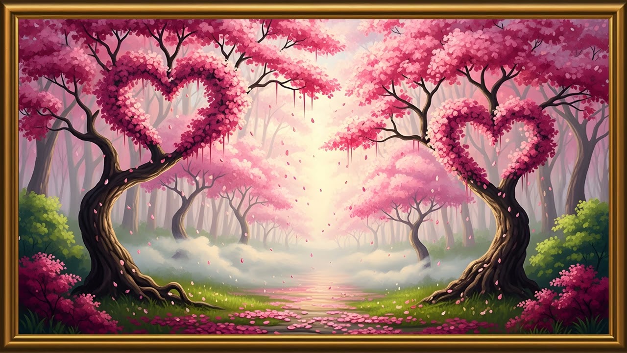 Valentine’s Day Heart Trees 4K | Romantic Love Forest TV Art Screensaver | Pink Blossom Wallpaper