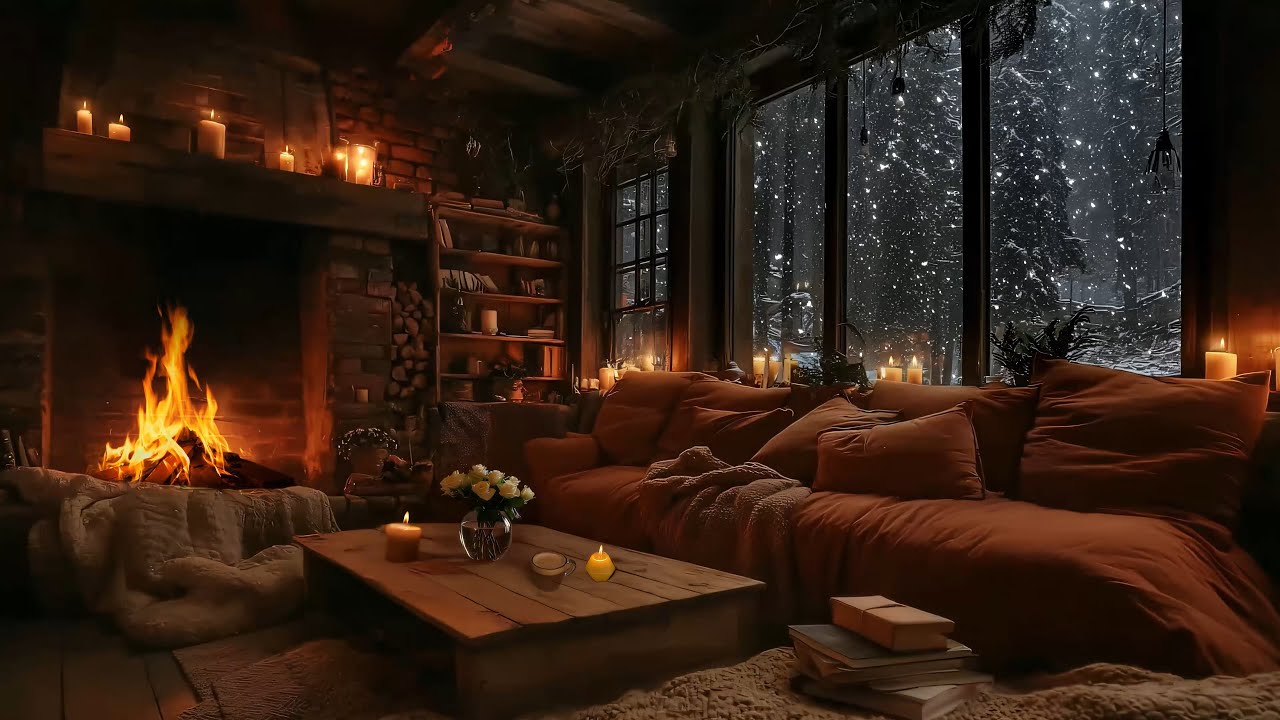 Soothing Winter Piano ❄️🔥 Snowfall & Fireplace Ambience for Relaxing Night